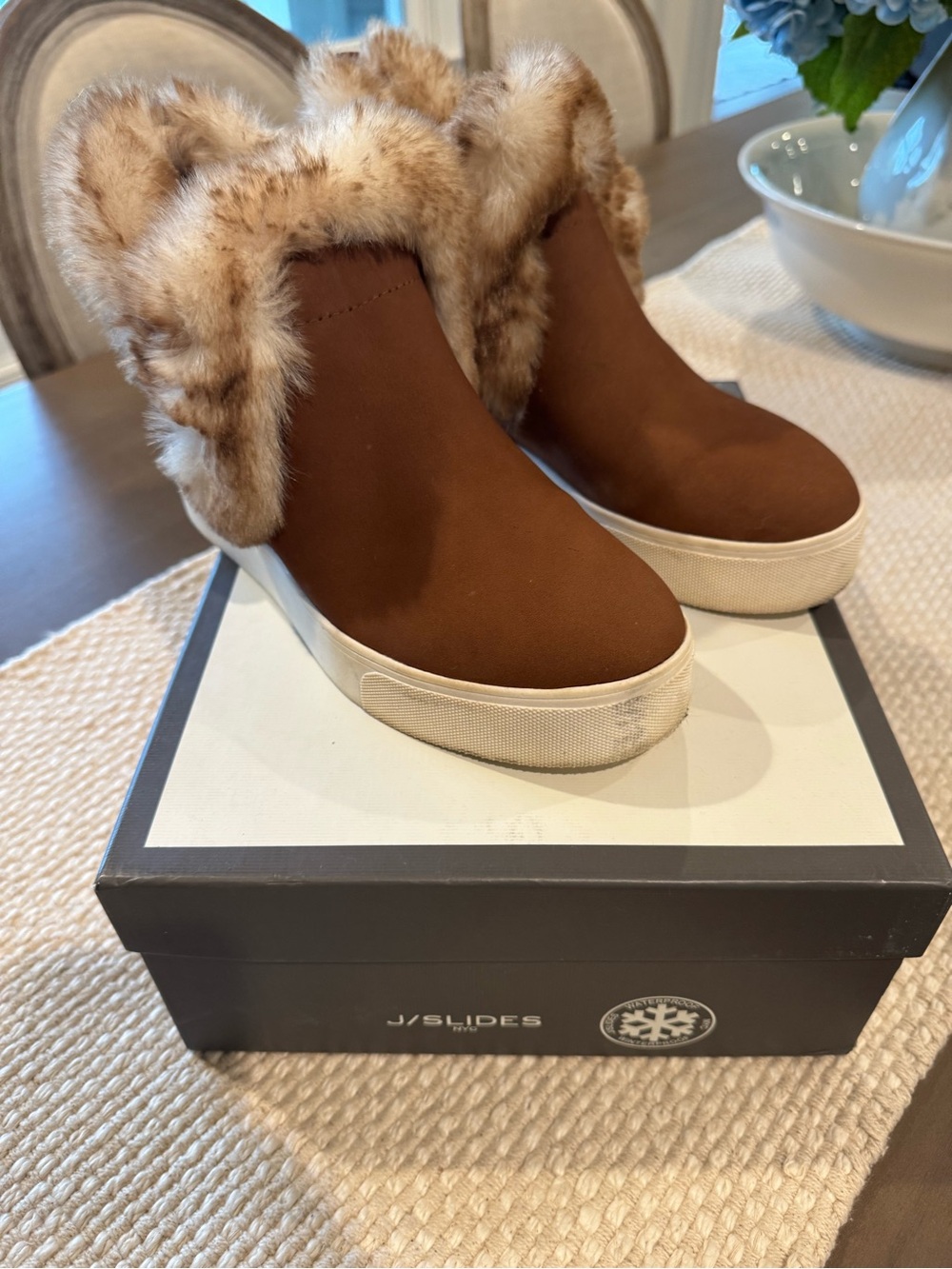 J/SLIDES Brown Faux-Fur High-Top Slip-On Sneakers with Cream Fur Trim